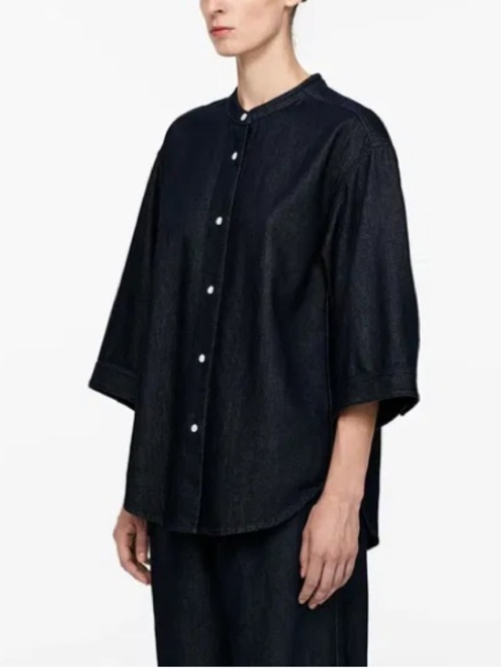 Arket Tops - ARKET collarless 3/4 sleeve raw denim button up shirt